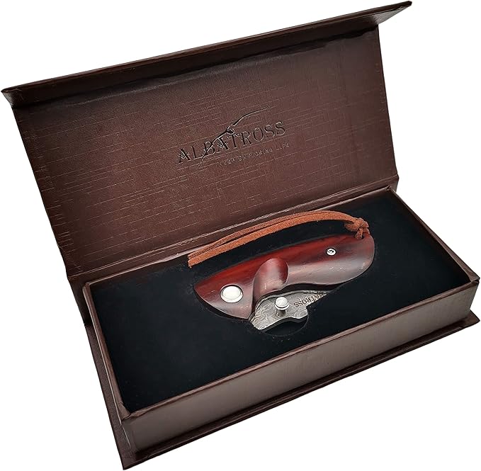 ALBATROSS Mini Pocket Knife Red Sandalwood 4.75'' Modern Damascus Steel Knife Liner Lock Folding Knife Gift Box - HGDK013