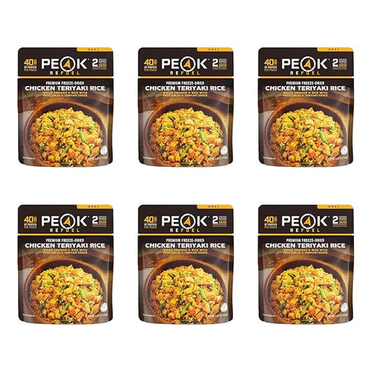 Peak Refuel Chicken Teriyaki Rice 6 Pack | Premium Freeze Dried Camping Food | Backpacking & Hiking MRE Meals | Just Add Water | 100% Real Meat | 240g of Protein | Pouch (Teriyaki - 6 Pack)