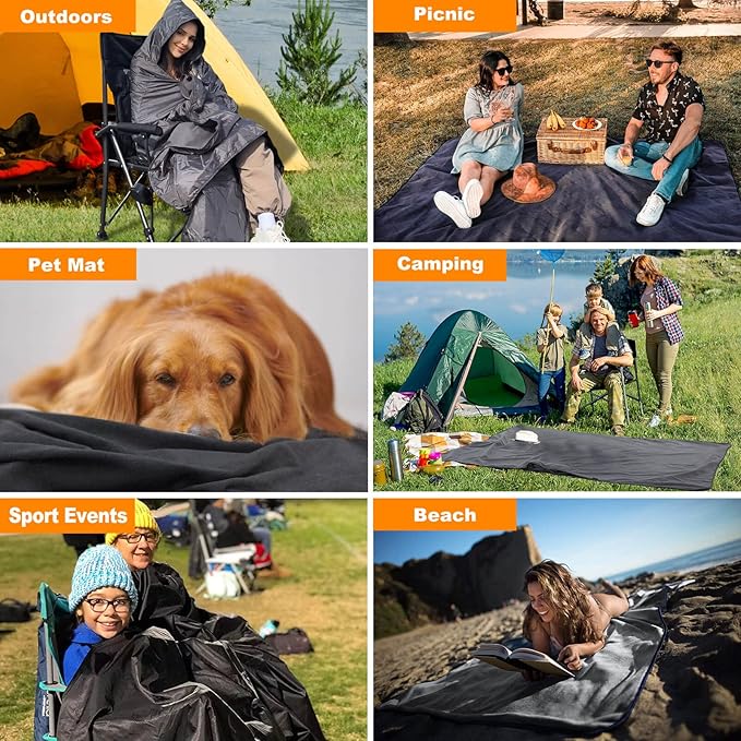 DOBYE Hooded Stadium Blanket, Large Waterproof Outdoor Fleece Blanket, Windproof Wearable Portable Warm Mat for Camping