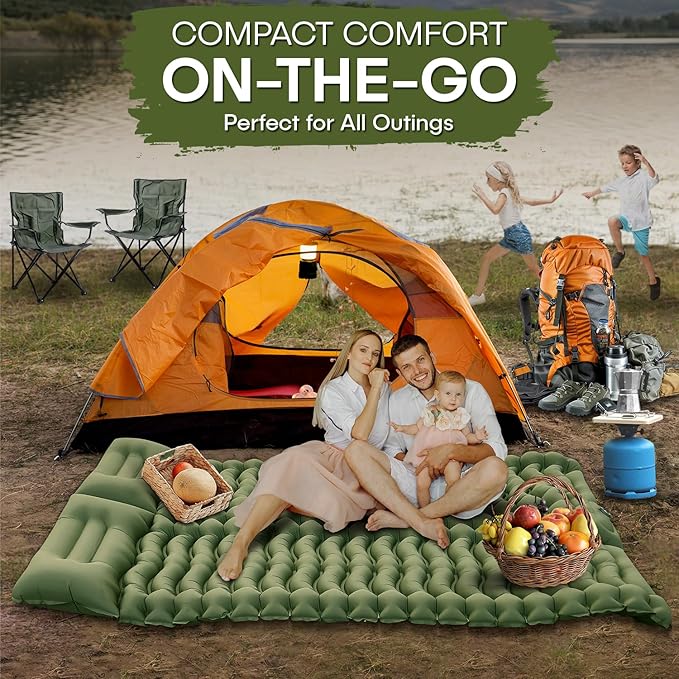 Camping Double Sleeping Pad - Fast 60s Foot Pump Inflatable Air Mattress, Ultralight Durable Ergonomic Egg-Shaped Mat, Built-in Pillow, Ideal for Backpacking