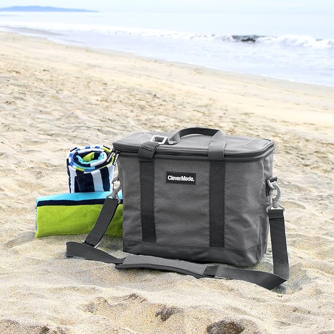 CleverMade Collapsible Cooler Bag, 30 Can Beach & Travel Car Cooler, Folding, Shoulder Strap, Bottle Opener, Great Car Coolers for Travel, Cleans Easy, Leak Proof Bag [Heather Cool Gray/Shadow Gray]