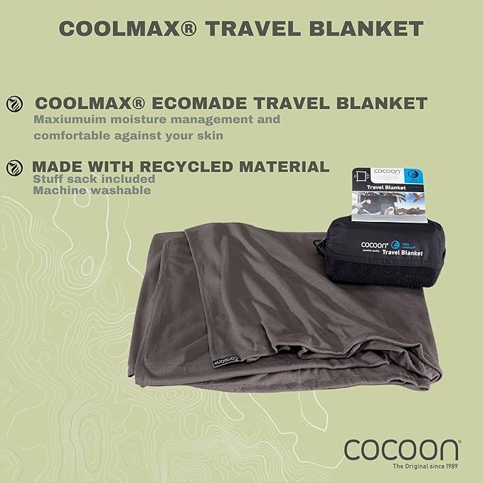 COCOON - Coolmax Travel Blanket | Compact Throw Blanket for Camping and Hiking | Fits in Backpack | Attaches to Luggage | Travel Essential | Fast Drying (Regular 70" x 55")