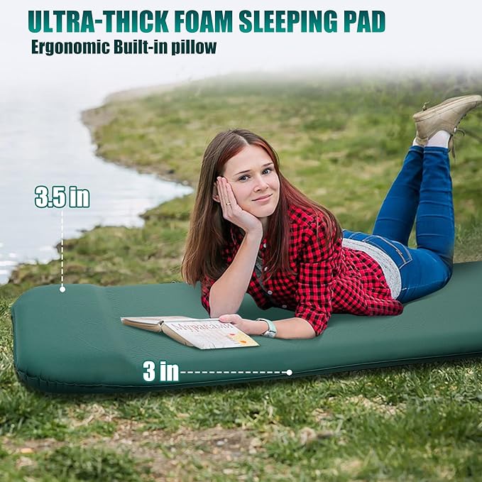 OUTSKIRT Sleeping Pad for Camping with Built-in Pump, Camping Mattress with Memory Foam, Easy to Inflate/Deflate Air Mattress for Camping and Other Outdoor Adventures,Green