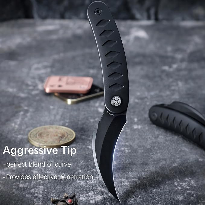 Knife Kage Front Flipper Knife,M390 Stonewashed Pikal Knife,Titanium Handle Pocket Knife Outdoor Folding Knife with Leather Sheath(Gold & Leather Sheath)