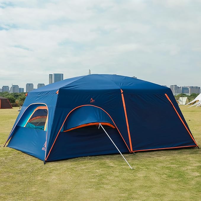 KTT Extra Large Tent 10-12-14 Person(Style-B),Family Cabin Tents,2 Rooms,3 Doors and 3 Windows with Mesh,Straight Wall,Waterproof,Double Layer,Big Tent for Outdoor,Picnic,Camping,Family Gathering