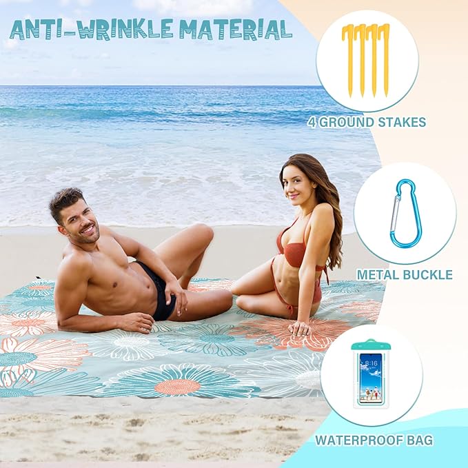 Beach Blanket Waterproof Sandproof 1-7 Adult Oversized 78 '' × 110 '' Lightweight Durable Compact Sand Free Beach Mat for Travel Camping Hiking Picnic Blanket Extra Large