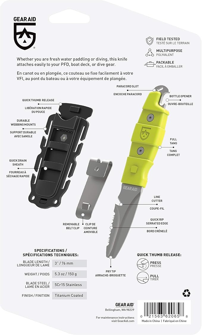 GEAR AID Akua Blunt Tip Paddle Knife with Serrated 3” Blade and Sheath