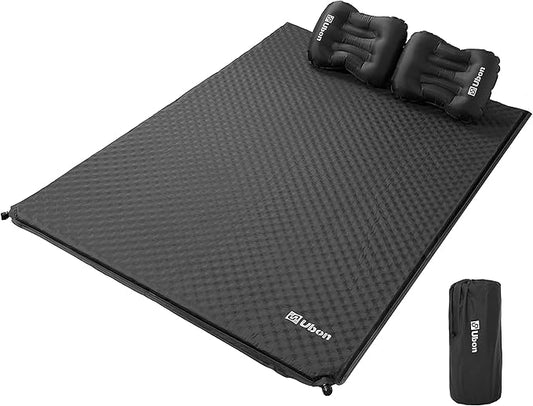 Ubon Double Self-Inflating Sleeping Mat Inflatable Mattress with Pillows Comfortable ASleep Pad for 2 People 1.5" Sponge Filling Ergonomic Pillow Portable Lightweight Camping Bed - Black