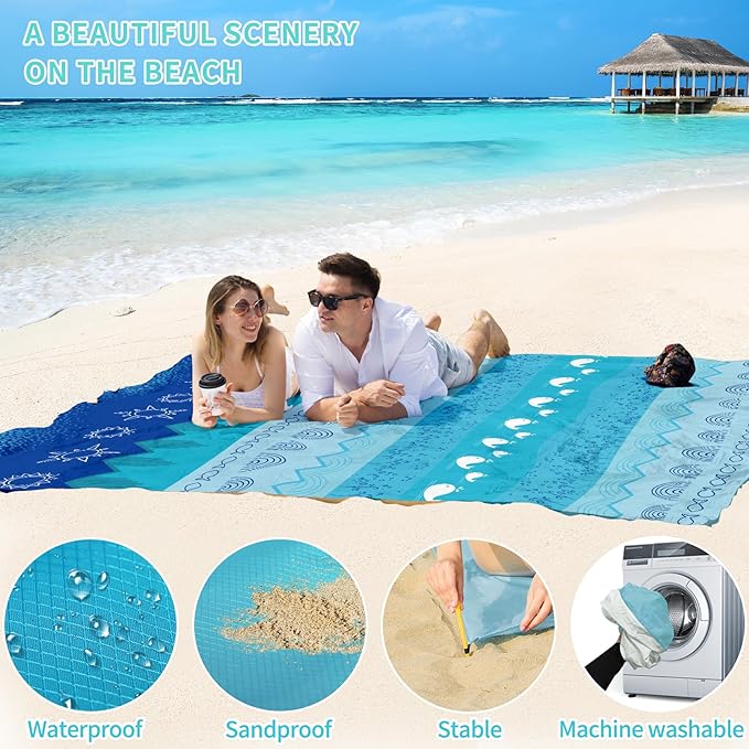 BYDOLL Beach Blanket Sandproof Waterproof 78''×81''1-4 Adults Compact Lightweight Oversized Beach Blanket Large Picnic Mat Beach Blanket for Travel Camping Hiking Picnic