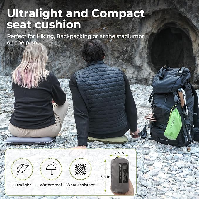 ATEPA Inflatable Seat Cushion Lightweight Self-Inflatable Memory Foam Seat Cushion for Stadium Airplane Trevel, Waterproof Portable Seat Cushion Best for Backpacking Camping Chair Pad, Grey