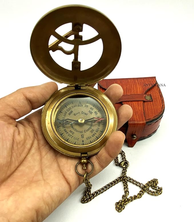 Brass Compass Unique Sundial Engraved Compass With Leather Case Antique Brass Compass With Chain A Great Gift Item For Your Loved Ones Hikers And Traveler By