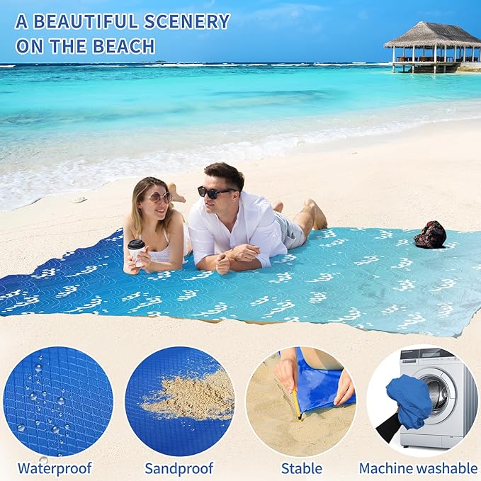 BYDOLL Beach Blanket Sandproof Waterproof 78''×110''1-7 Adults Compact Lightweight Oversized Beach Blanket Large Picnic Mat Beach Blanket for Travel Camping Hiking Picnic