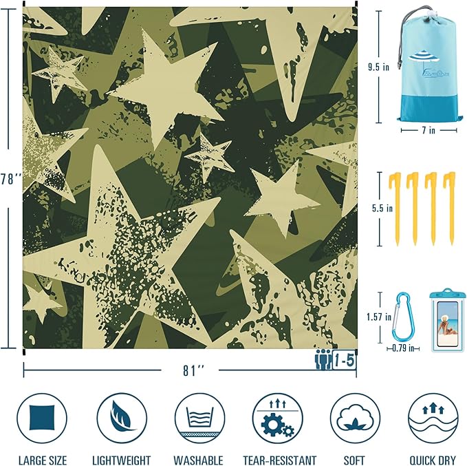 Beach Blanket Sandproof Waterproof 78''×81''1-5 Adults Oversized,Compact Lightweight Durable Beach Mat for Travel Camping Hiking Picnic Blanket