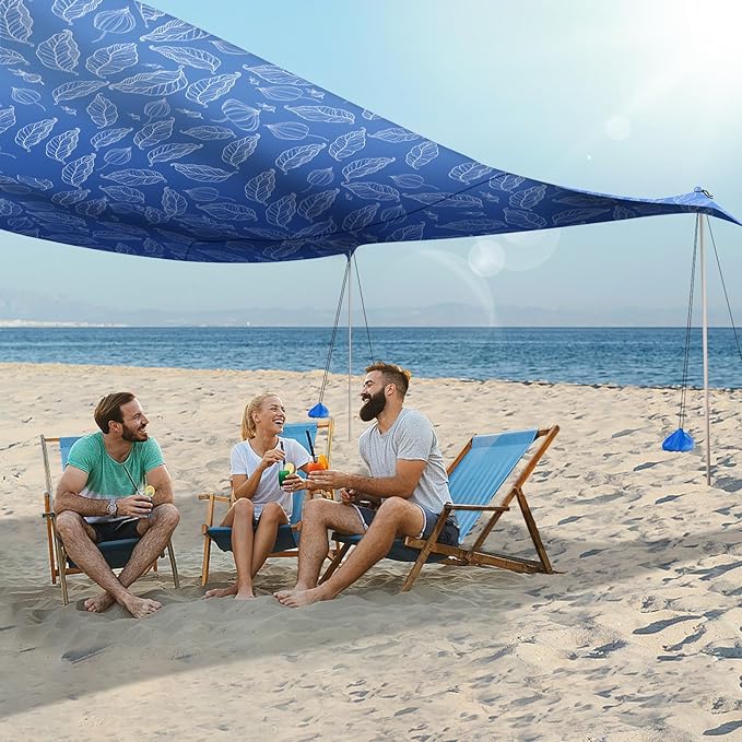 UMARDOO Family Beach Tent Canopy Sun Shade Portable, Large Compact Beach Sun Shelter Easy Setup with Packable Bag for Outdoor Travel (Printed Blue, 12X12 FT. 4Poles)
