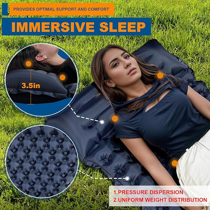 Sleeping Pad for Camping with Built in Pillow Self-Inflating Sleeping Mats with Built-in Foot Pump Ultralight Travel Air Mattress for Camping Backpacking Tent Hiking Blue 1Pcs
