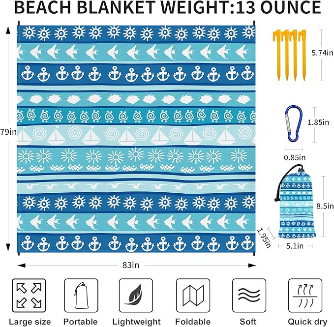 Large Beach Blanket Waterproof Sandproof 79"x 83" for 1-4 Adults,Quick Drying Beach Mat,Lightweight & Durable,Beach Essentials for Family Beach Camping Travel Picnic (Blue Stripe)