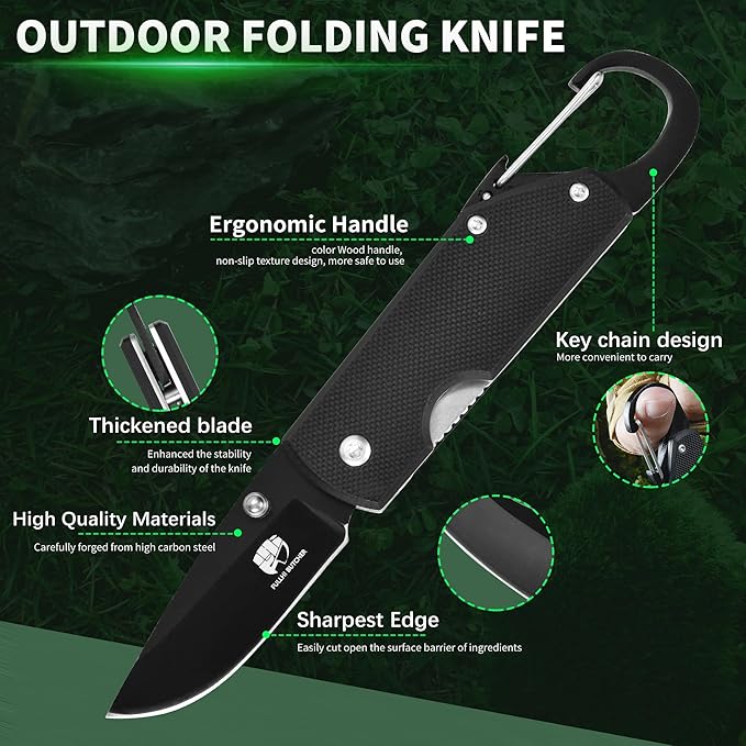 FULLHI Mini Folding Pocket Knife, 2.3" G10 Handle Small Knife with Carabiner Clip for Sharp Camping Survival Hiking Knives ,Gifts for Women Men Birthday Christmas Presents for Mom Dad Friend Gift (AK034)