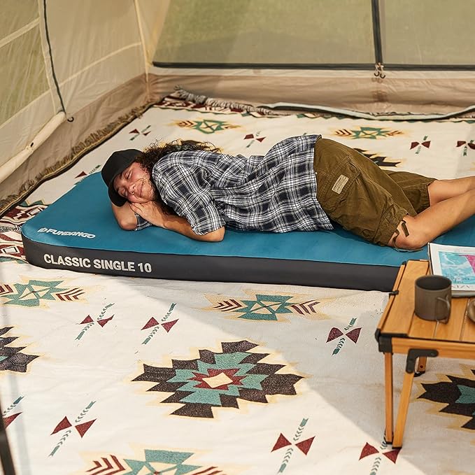 FUNDANGO Self Inflating Sleeping Pad, 4" Thick Camping Mattress with Pump Sack, 4-Season Sleeping Pad for Camping, 8.7 R-Value Insulated Camping Bed for Tent Car Truck Van, Single