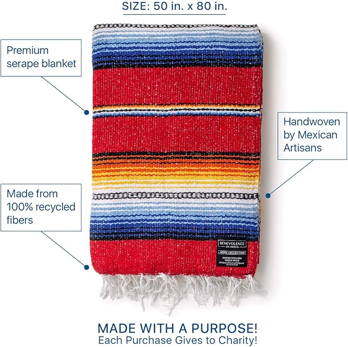 Premium Mexican Blanket, Authentic Hand Woven Falsa Blanket & Yoga Blanket | Made by Traditional Mexican Artisans, Perfect Saddle Blanket, Beach Blanket, Picnic Blanket, Car Blanket, Outdoor Blanket