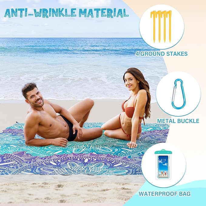 Beach Blanket Waterproof Sandproof 1-7 Adult Oversized 78 '' × 81 '' Lightweight Durable Compact Sand Free Beach Mat for Travel Camping Hiking Picnic Blanket Extra Large