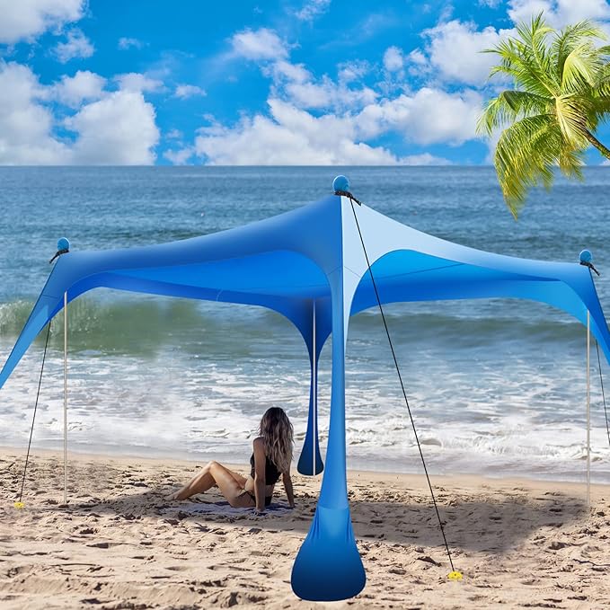 Buheco Beach Tent Pop Up Shade 10x10ft Beach Canopy Sun Shelter UPF50+ with 4 Foldable Poles-Portable Carrying Bag-Sand Shovel-Ground Pegs-Windproof Ropes for Outdoor Family Camping-Fishing-Picnic