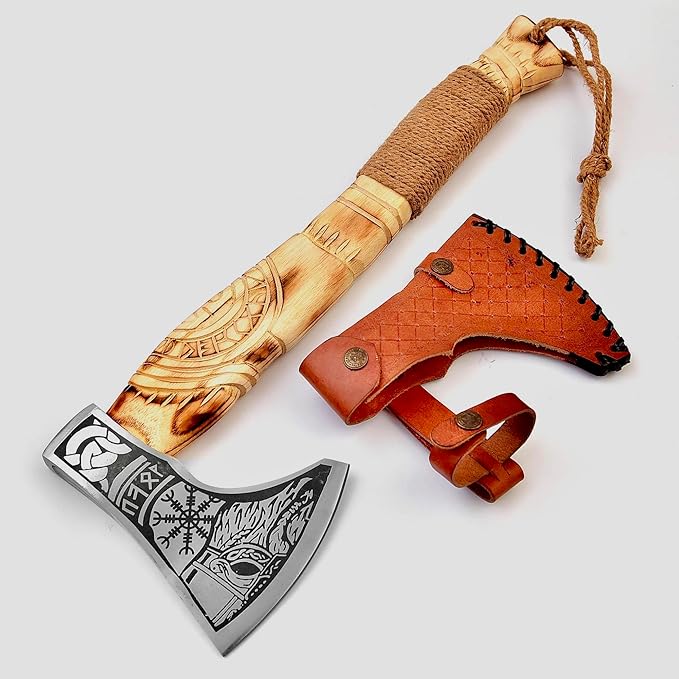 Custom Gift Forged Carbon Steel Viking Axe with Rosewood Shaft, 22" Viking Bearded Camping Axe, Damascus Steel ax, Viking Hatchet, Hunting ace, Tomahawk Battle Axe Throwing axe Viking Axe Real Weapon