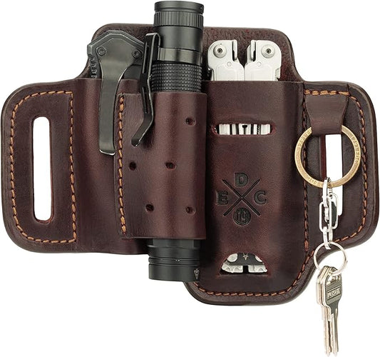 Multitool Sheath & Flashlight Holster, Leather EDC Pouch for Belts also fits Knife and Keys - compatible with Full Size Leatherman, Gerber, SOG Multitools