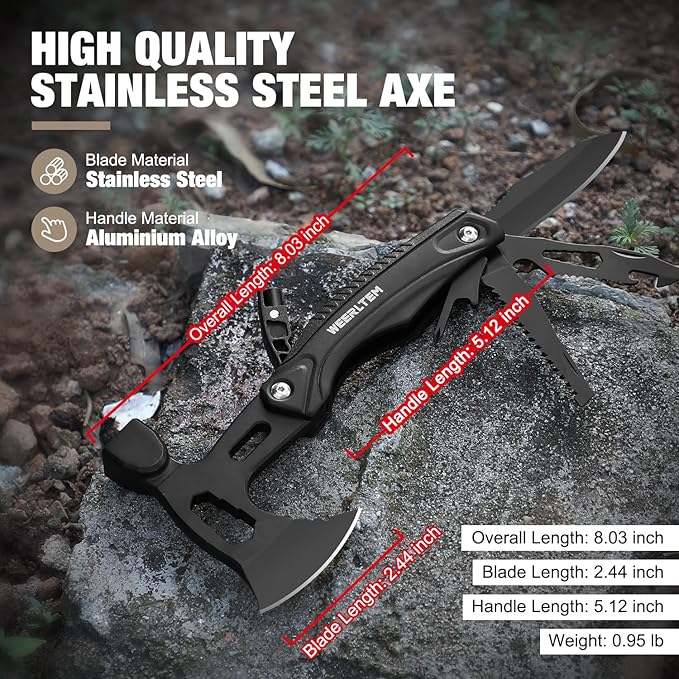 Camping Multitool Hatchet, 22 in 1 Super Hardened Stainless Steel Multitool Hammer Axe with Safety Locking, Upgrad Hidden Portable Camp Survival Hatchet Screwdriver Set with Nylon Sheath