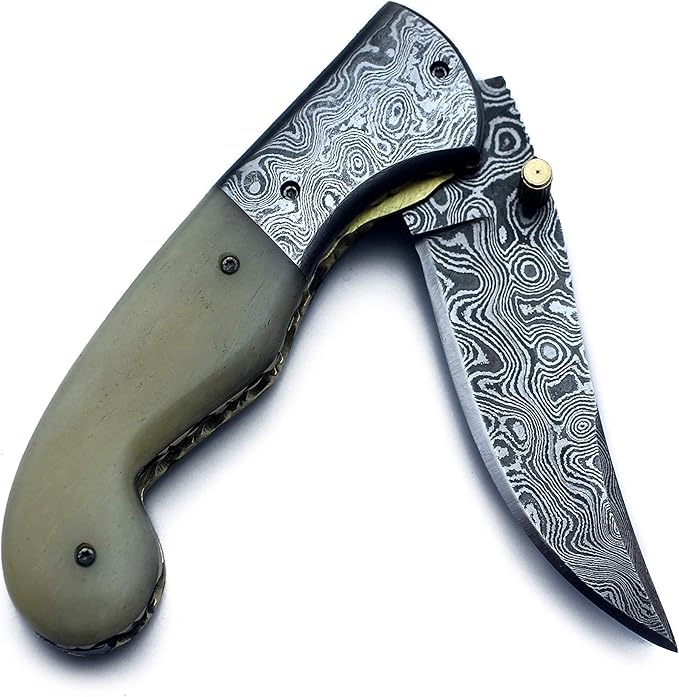 Handmade Damascus Folding Pocket Bowie Knife for Edc,Hunting,Survival,CampingBushcraft,Skinning and Fishing with Full Tang Camel Bone Handel and Cowhide-Leather Sheath For Men and Women (DCF26 - Typhoon)