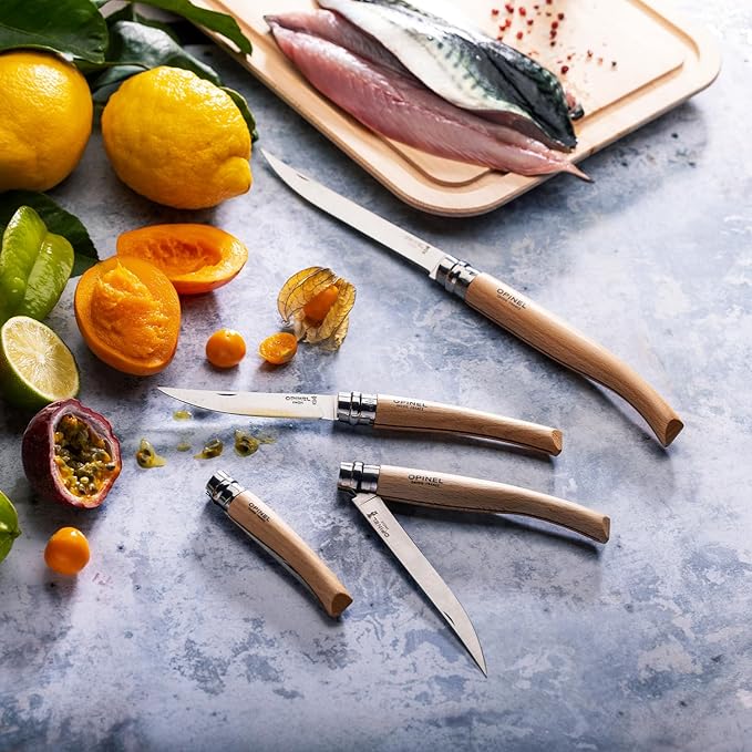 Opinel Effile Slimline Series Folding Fillet Knife – Slim Blade Folding Knife, Virobloc Locking Collar, Sustainably Harvested Wood Handles, Updated Blade Profile (Beechwood/No.12)