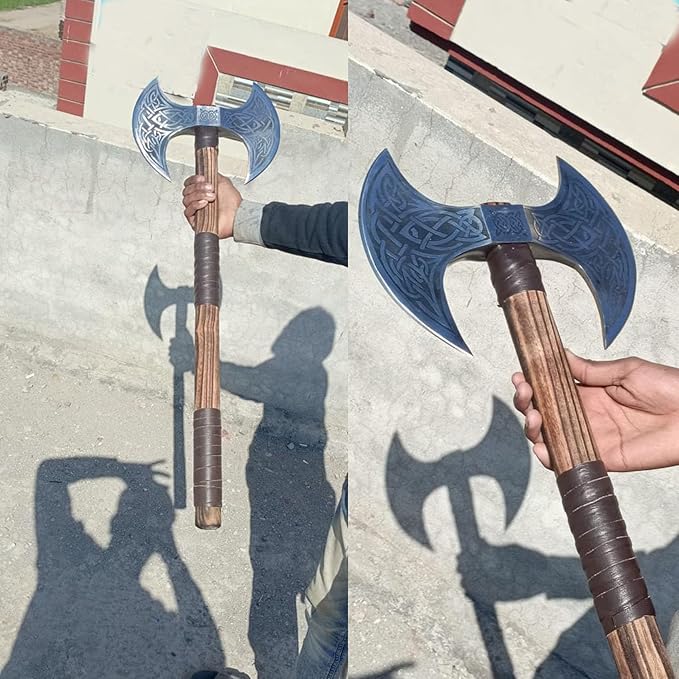 Handmade Double Head Berserker Axe, Large Norse Axe, Hand Forged Steel Axe,Double Blade Axe with Leather Sheath Camping Two Sided Axes Valentine's Day Gift, Aromer Axe Gift (VK-Ax-10)