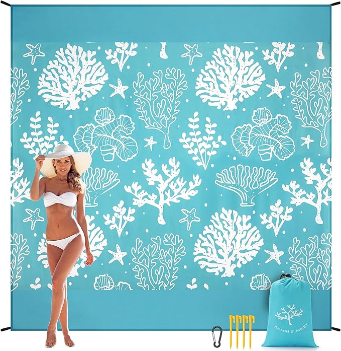 Beach Blanket Sandproof Extra Large Beach Mat Adults Waterproof Quick Drying Sand Free Mat Made by Premium Polyester with 4 Stakes & 4 Corner Pockets for Outdoor Travel Camping Hiking