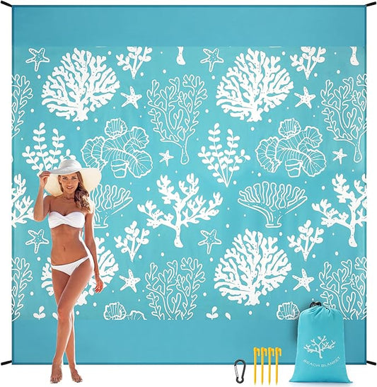 Beach Blanket Sandproof Extra Large Beach Mat Adults Waterproof Quick Drying Sand Free Mat Made by Premium Polyester with 4 Stakes & 4 Corner Pockets for Outdoor Travel Camping Hiking