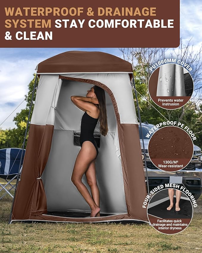 KingCamp Camping Shower Tent, Portable Outdoor Privacy Toilet & Changing Tent Windproof & Waterproof Easy Setup 1 or 2 Room Shelter with Shower Bag for Camping Hiking Beach