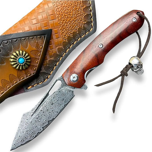 TACTICAL GEARZ Damascus Steel Pocket Folding Knife, Natural Rosewood Handle, 107 Multi-Layered VG10 Damascus Steel Blade! (Koa Beast Bundle)