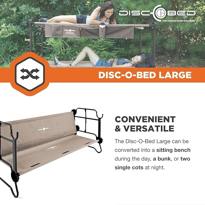 Disc-O-Bed Portable Cam-O-Bunk Bed, Large 2 Adult Sleeping Cot for Camping, Tan