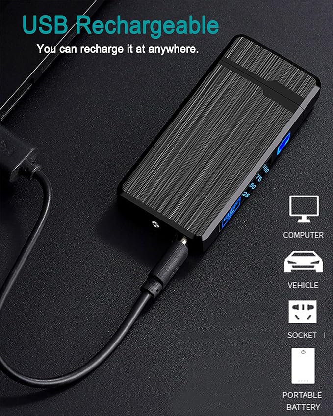 Electric Lighter, USB Rechargeable Lighter, Plasma Dual Arc Lighter, Windproof Flameless Lighter, Pocket Metal Lighter with LED Battery Indication for Candles, Incense, Camping (220mAh, Black)