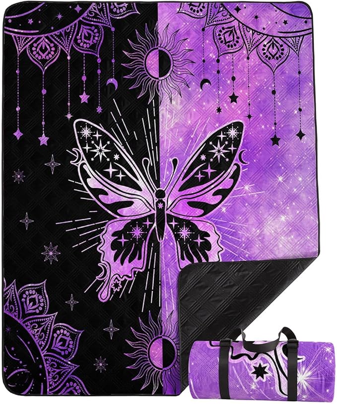 Outdoor Picnic Blanket Portable Ultrasonic Waterproof Picnic Mat Symmetrical Butterfly Printed Camping Beach Mat for Sand and Wet Grass Hiking (Symmetrical Butterfly S)