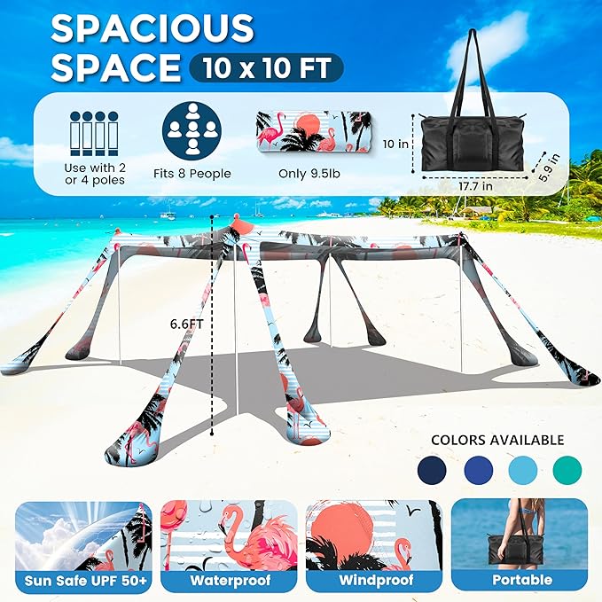 Beach Canopy Beach Tent Pop Up Shade 10x10ft Sun Shelter UPF50+ with 8 Sandbags-2 Sand Shovel-4 Aluminum Poles-Ground Pegs-Portable Carrying Bag for Outdoor Family Camping Fishing Yard Picnic