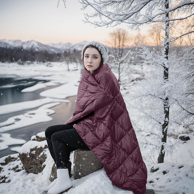 Blue Ridge Home Fashions Outdoor Down Throw Blanket for Camping Hiking - Packable Lightweight and Durable Blanket 60" x 70" with Carrying Pouch, 650 Fill Power Puffy Travel Picnic Beach Blanket