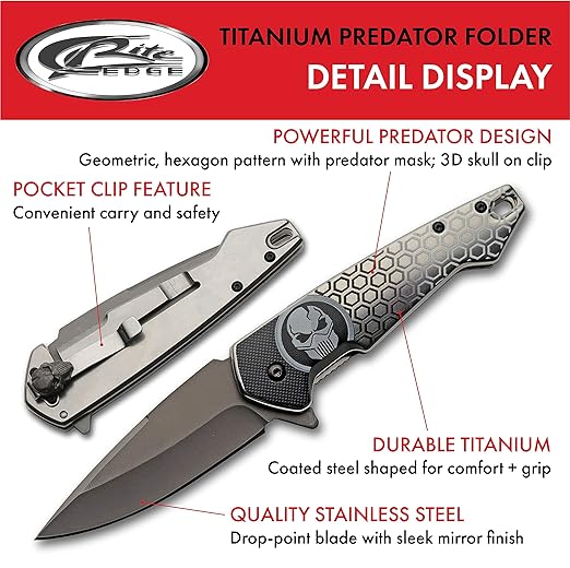 SZCO 7.75” Black Titanium Finished Predator EDC Folding Knife With Pocket Clip (300578-BK)