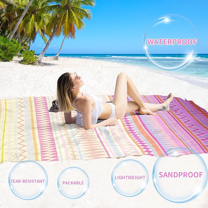 BYDOLL Beach Blanket Sandproof Waterproof 78''×81''1-4 Adults Boho Compact Lightweight Oversized Beach Blanket Large Picnic Mat Beach Blanket for Travel Camping Hiking Picnic