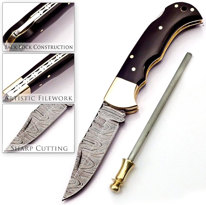 Handmade Damascus Pocket Knife for Men - Thoughtful Husband Present for Anniversaries - 6.5 Inch Folding Knife with Back Lock, Perfect for Camping and Hiking - Damascus Knife with Sheath