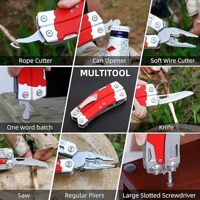 G10 Handle Multitool Pliers with YG10 Tungsten Steel Replaceable Wire Cutters 12 in 1 Multi Tool Pocket Knife with Safety Lock,Saw,Bottel Opener for Camping,Survival with Nylon Sheath (red)