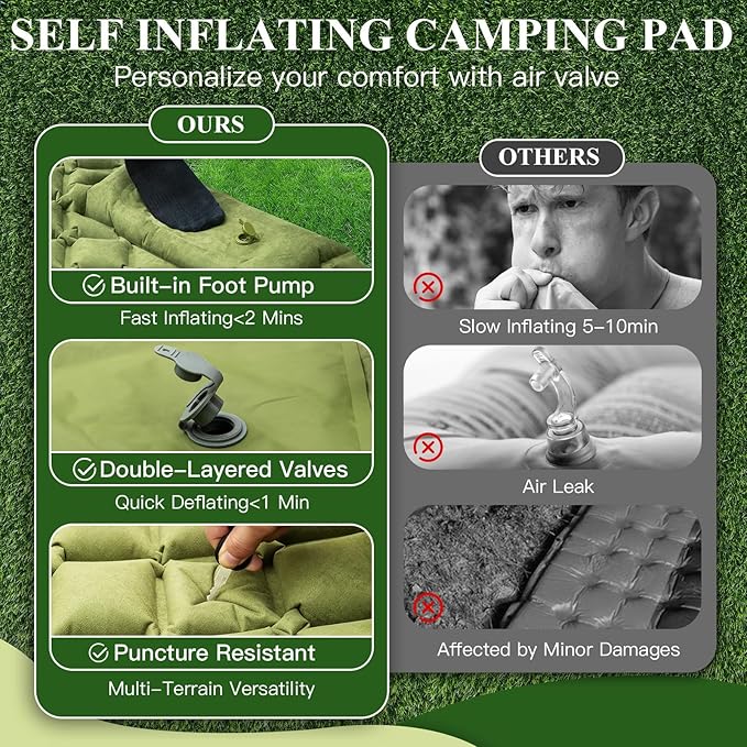 SJEhome Double Sleeping Pad for Camping, Low Noise Self Inflating Camping Pad, Inflatable Camping Mattress with Pillows Built-in Pump, Portable Camping Mat for Tent Backpacking Hiking Traveling