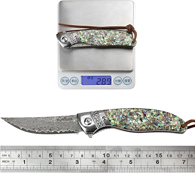 ALBATROSS HGDK028 EDC Sharp Mordern Damascus Folding Pocket Knife with Abalone shell Synthetic Material Handle,Ball Bearing Assisted Opening Knives with Liner Lock Tail rope，Gifts/Collections