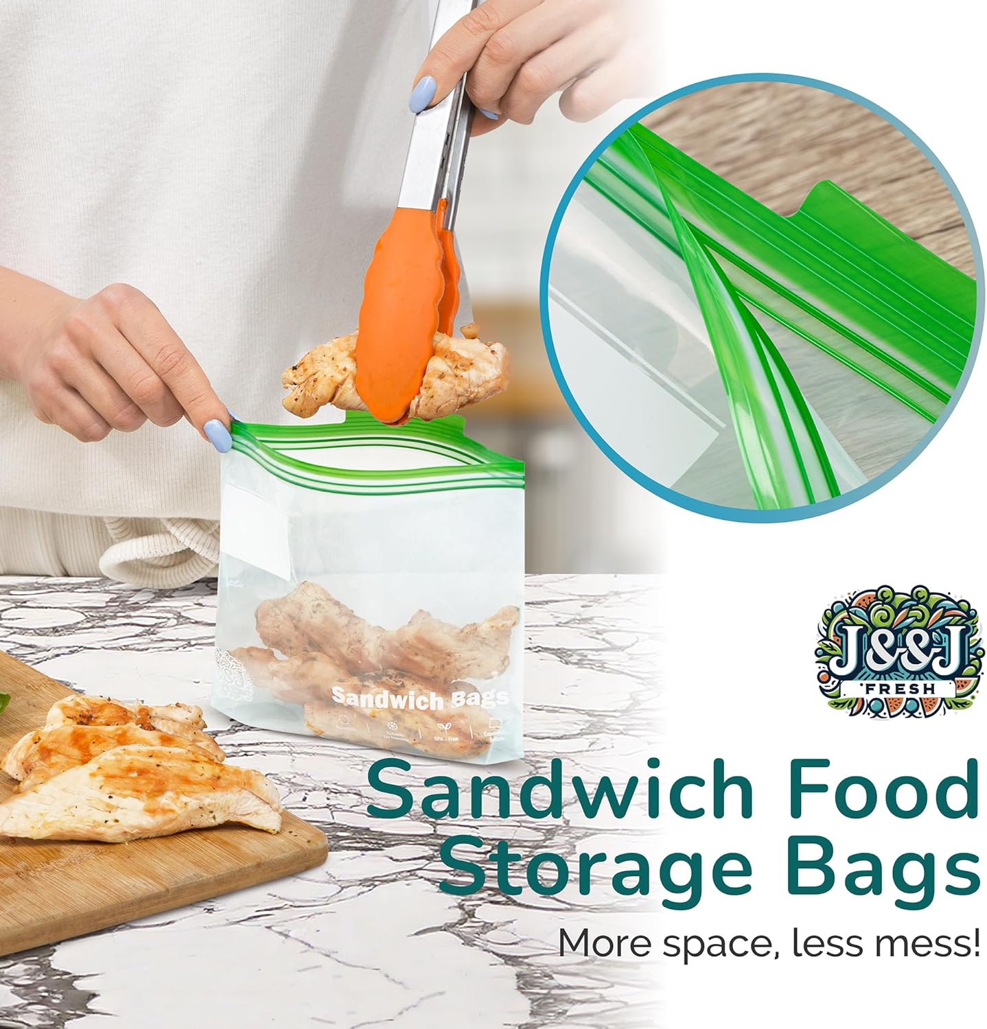 J&&J Fresh Sandwich Zipper Bags, 50 Pack — Reusable, BPA-Free, Leakproof — Expandable Bottom, Microwave-Safe, Strong Seal with Zipper Lock — Food Storage For Freezer, Fridge, Lunch, Durable & Washable