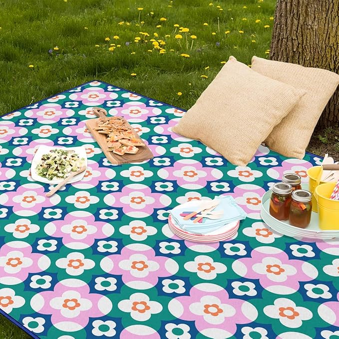 Boho Floral Picnic Blanket Waterproof Foldable Extra Large Picnic Mat Beach Blanket 60"x80" for Camping Beach Hiking Patio Party Outdoor Decor Gifts
