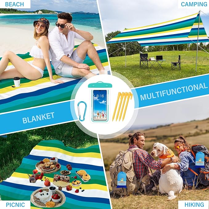 BYDOLL Beach Blanket Sandproof Waterproof 78''×110''1-7 Adults Compact Lightweight Oversized Beach Blanket Large Picnic Mat Beach Blanket for Travel Camping Hiking Picnic