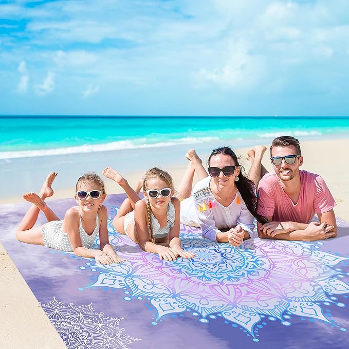 Large Beach Blanket Sandproof, Sand Free Waterproof Beach Mat for Up to 6 People with 4 Stakes, Polyester Foldable Picnic Blanket Beach Accessories for Outdoor Travel Camping Hiking